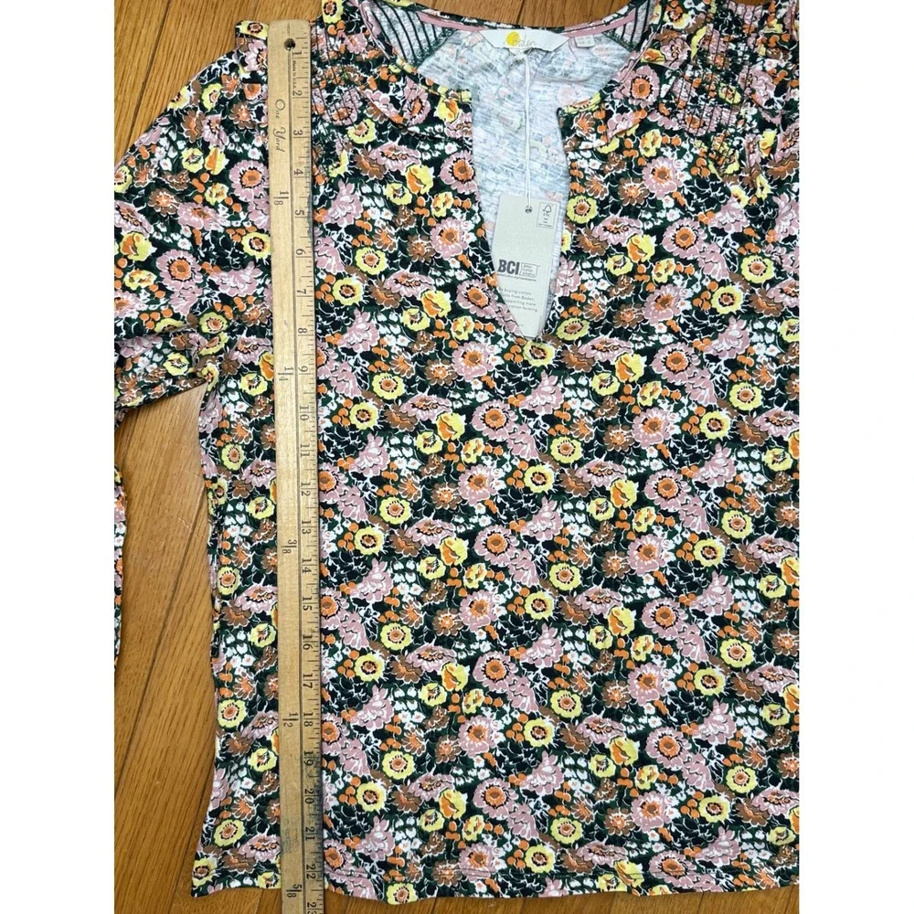 Boden Women Floral Cotton Smocked Ruffle Split Neck Top‎ Multicolor US 6